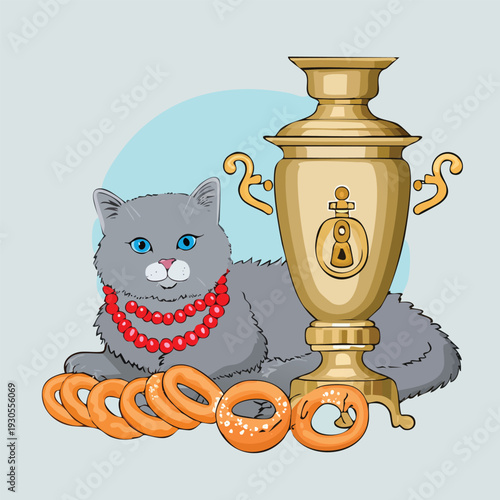 Cat with bagels and samovar illustration
