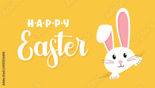 Easter bunny peeking from behind a colorful Happy Easter sign in a festive scene