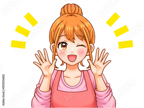 両手を上げる可愛いエプロン姿の主婦のアニメ系イラスト素材3