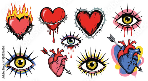 A colorful illustration of hearts and eyes with flames, blood, and arrows in a vibrant tattoo art style depicting emotions and feelings in FGFGF.