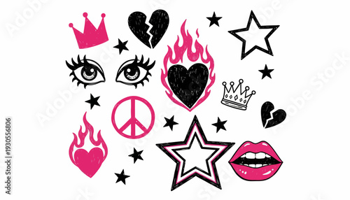 Vibrant hot tattoo stickers adorned with hearts, stars, and lips are laid out on a surface.