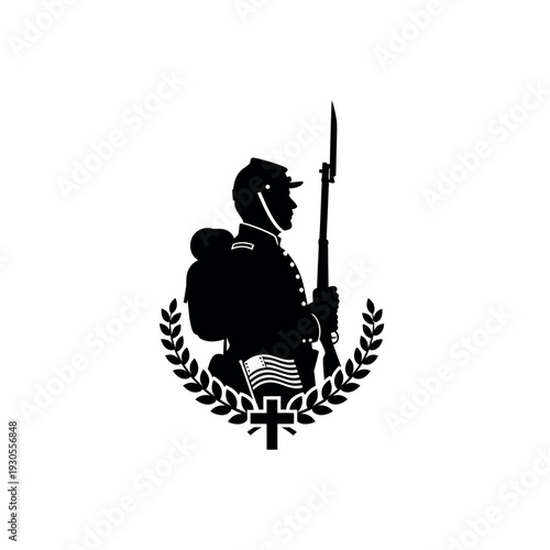Konstfotografi Civil War Soldier Silhouette with Laurel Wreath and Cross.