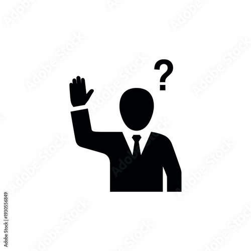 Businessman raising hand with question mark icon.