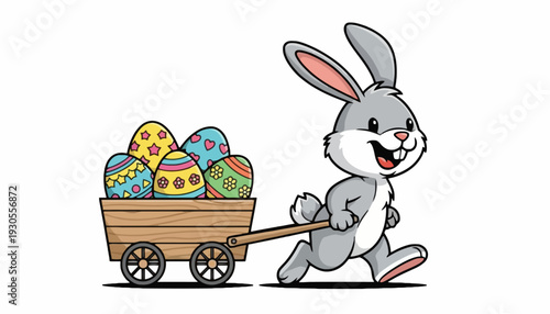 A happy cartoon rabbit pulls a wooden cart filled with colorful Easter eggs through a sunny outdoor scene with FGFGF elements.