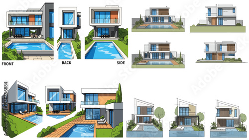 Modern House Construction View with Front, Side and Back Elevation Design Featuring Garden Landscape and Contemporary Residential Building Apartment Style.