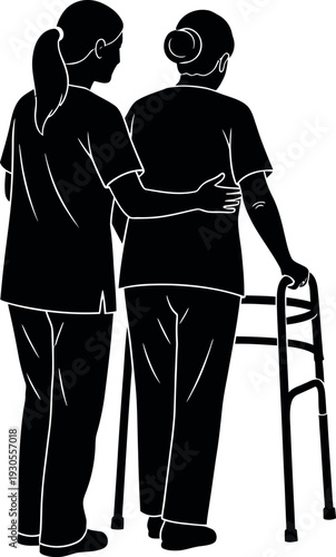 Caregiver Assisting Senior Woman with Walker Silhouette; Geriatric Care and Physical Therapy Vector.