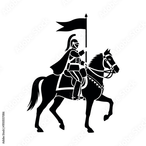 Knight on horseback with flag silhouette 1.
