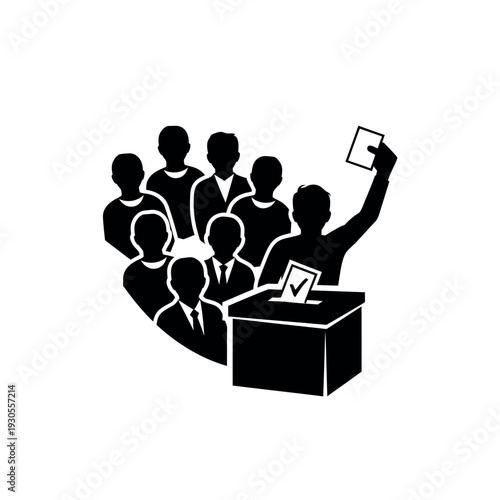 People voting in an election with a ballot box.