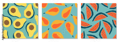 Set of seamless tropical fruit patterns in flat minimalist vector style. Repeating backgrounds featuring mango, watermelon, avocado shapes in bold summer colors. Modern hand drawn geometric fruit illu