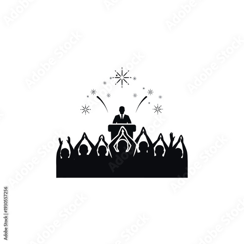 Political rally with speaker and cheering crowd.