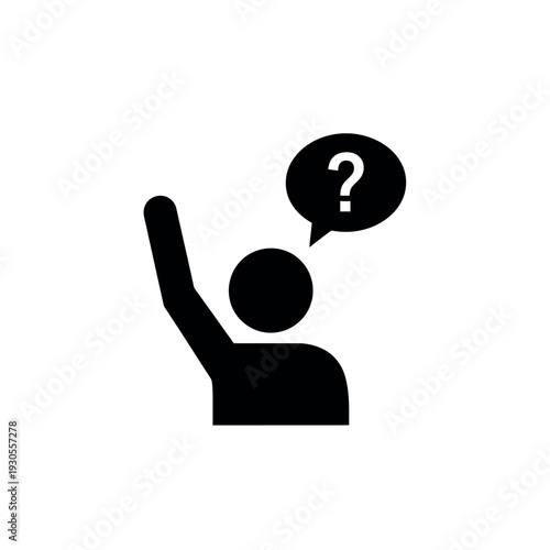 Person with raised hand and question mark in speech bubble.