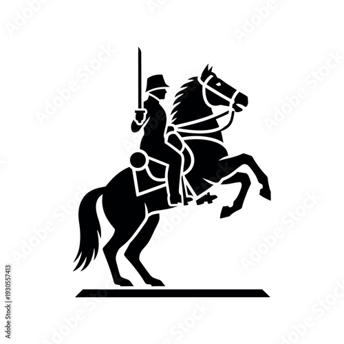 Silhouette of a rider on a rearing horse with a sword.