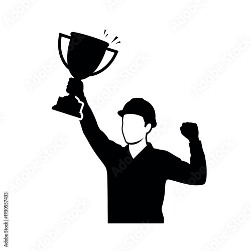 Silhouette of a triumphant worker holding a trophy.