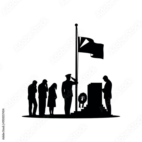 Silhouette of people mourning at a war memorial with a flag at halfmast.