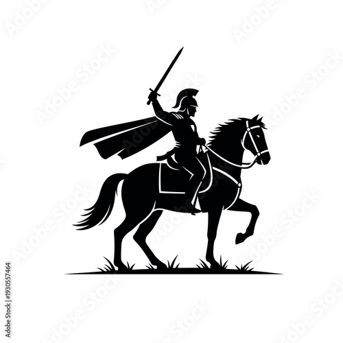 Silhouette of a warrior on horseback with a raised sword.