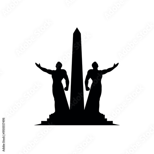 Silhouette of two statues and an obelisk monument.