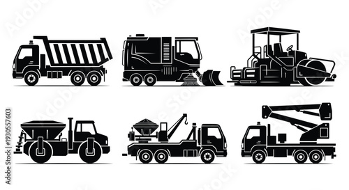 Construction Vehicles Black Silhouette Set Illustration