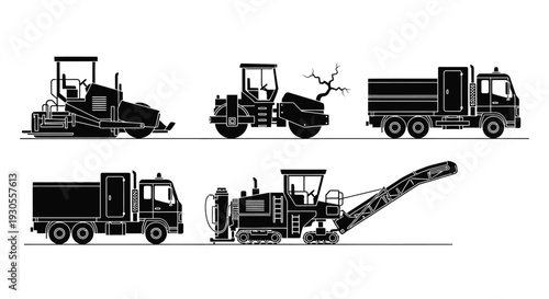 Asphalt paver and mixer truck silhouette illustration