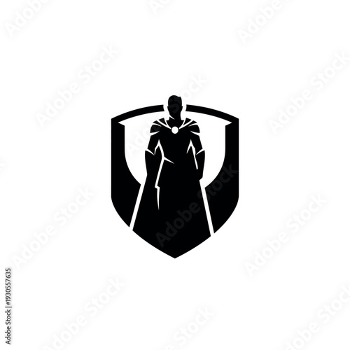 Superhero standing in front of a shield black and white logo design.