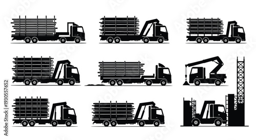 Cargo Trucks Side View Black Silhouette Set Illustration
