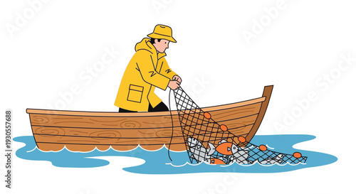 A brightly colored illustration depicts a fisherman in a small boat casting a net a charming silhouette high quality professional detailed