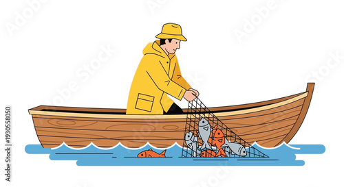 A brightly colored illustration depicts a fisherman in a small boat with a net full of fish silhouette high quality professional