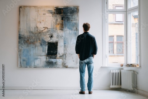 Man standing in modern gallery looking at large abstract painting on white wall near window with natural light and wooden floor in contemporary art space.