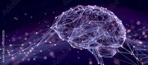 Conceptual 3d wireframe mesh of a neural network with glowing nodes for artificial intelligence and machine learning technology