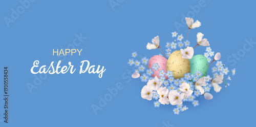 Happy Easter banner with flowers and Easter eggs. Spring Floral Banner