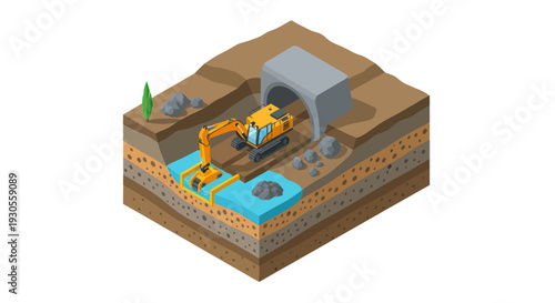 Isometric illustration of construction site with excavator and tunnel.