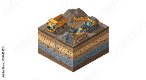3D illustration of mining excavation process with heavy machinery on layered earth.