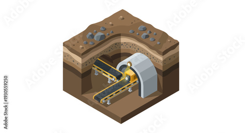 Underground mine tunnel with conveyor belt and machinery.