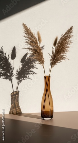 Pampas Grass In Amber Vase Sunlight Shadows