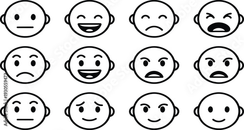 Emoticons Expressing Various Emotions: A collection of simple, yet expressive emoticons, each conveying a distinct human emotion, from happiness to sadness, anger to contentment.