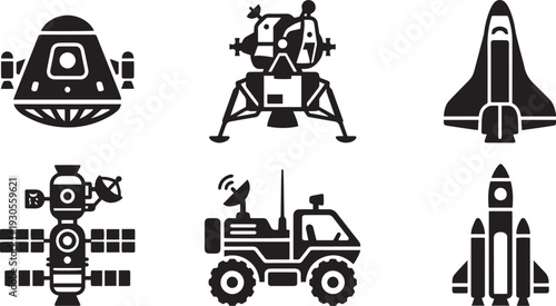 Diverse Spacecraft Rockets and Lunar Rover Icon Set
