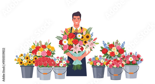 A smiling florist presents vibrant bouquets and arrangements in front of a colorful floral display silhouette high quality professional detailed modern