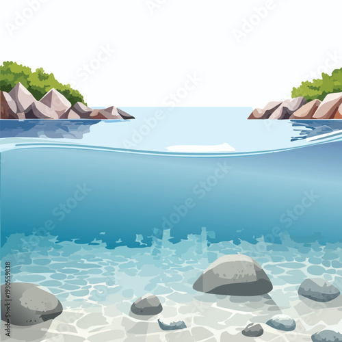 Coastal illustration of ocean waters with rocks and greenery