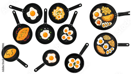 Different eggs meals served as delicious breakfast food in a fry pan, showcasing variety of tasty homemade cooking styles.