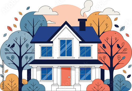 Cartoon House Illustration Autumn Trees, Home, Real Estate, Family, Cozy