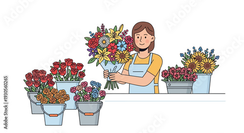 A cheerful florist holds a vibrant bouquet while tending to colorful flower arrangements showcasing a flat silhouette high quality professional detailed