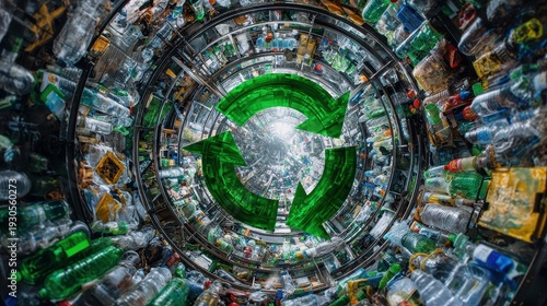 Circularity resource loop system turning waste into value and addressing supply chain complexity concept pros and cons selective focus zero waste theme surreal blend mode recycling center backdrop.