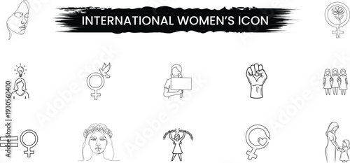 International women's day icon set featuring various female empowerment symbols