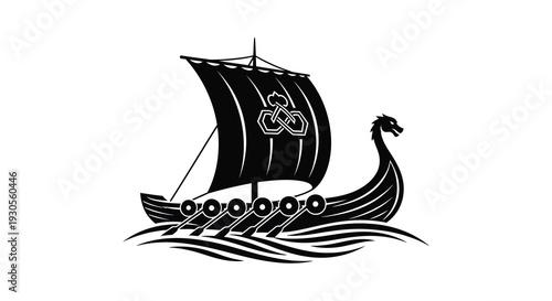 A striking black silhouette of a viking longship sailing on waves featuring a dragon figurehead silhouette high quality professional detailed modern