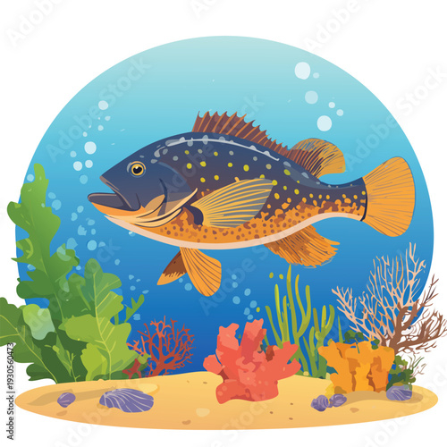Colorful cartoon illustration of a fish swimming underwater