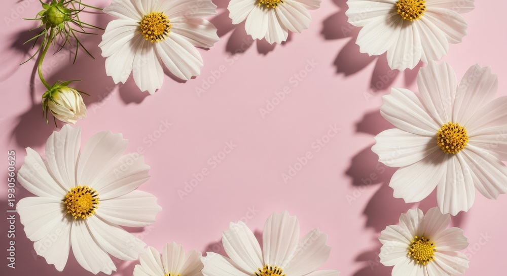 Fototapeta premium White Cosmos Flowers Pink Background