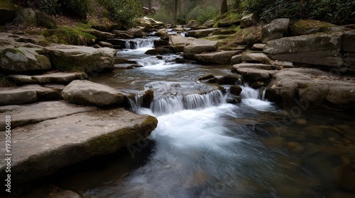 A serene stream flows gently over moss covered rocks in a lush tranquil forest captured with a sense of motion