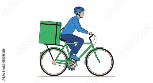 A delivery cyclist wearing a helmet rides a green bicycle with a large green box a flat silhouette high quality professional