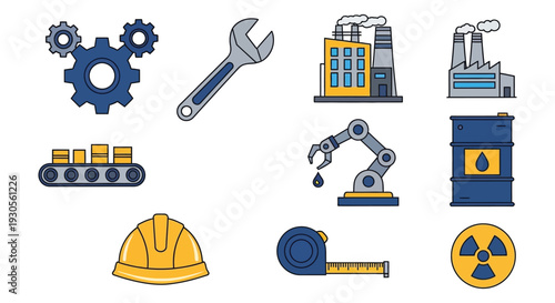 An array of industrial icons depicting factory elements tools and safety gear in a clean silhouette high quality professional detailed modern