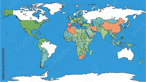 Aerial view of a colorful world map highlighting various countries on a blue background with white landmasses