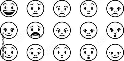 Expressive Faces: An array of simple line drawings depicting a spectrum of human emotion, offering a versatile visual tool for conveying feelings.